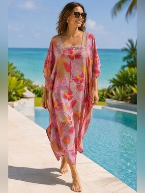 Soft Surroundings Tropical Bird Print Bahia Caftan Maxi Dress